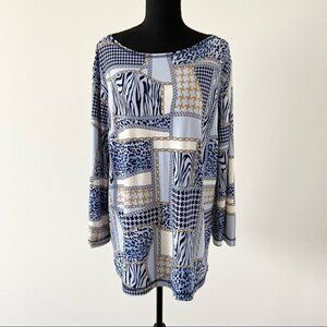 Vintage Diamond Tea Boat Neck  Bell Sleeve Animal Print Blouse